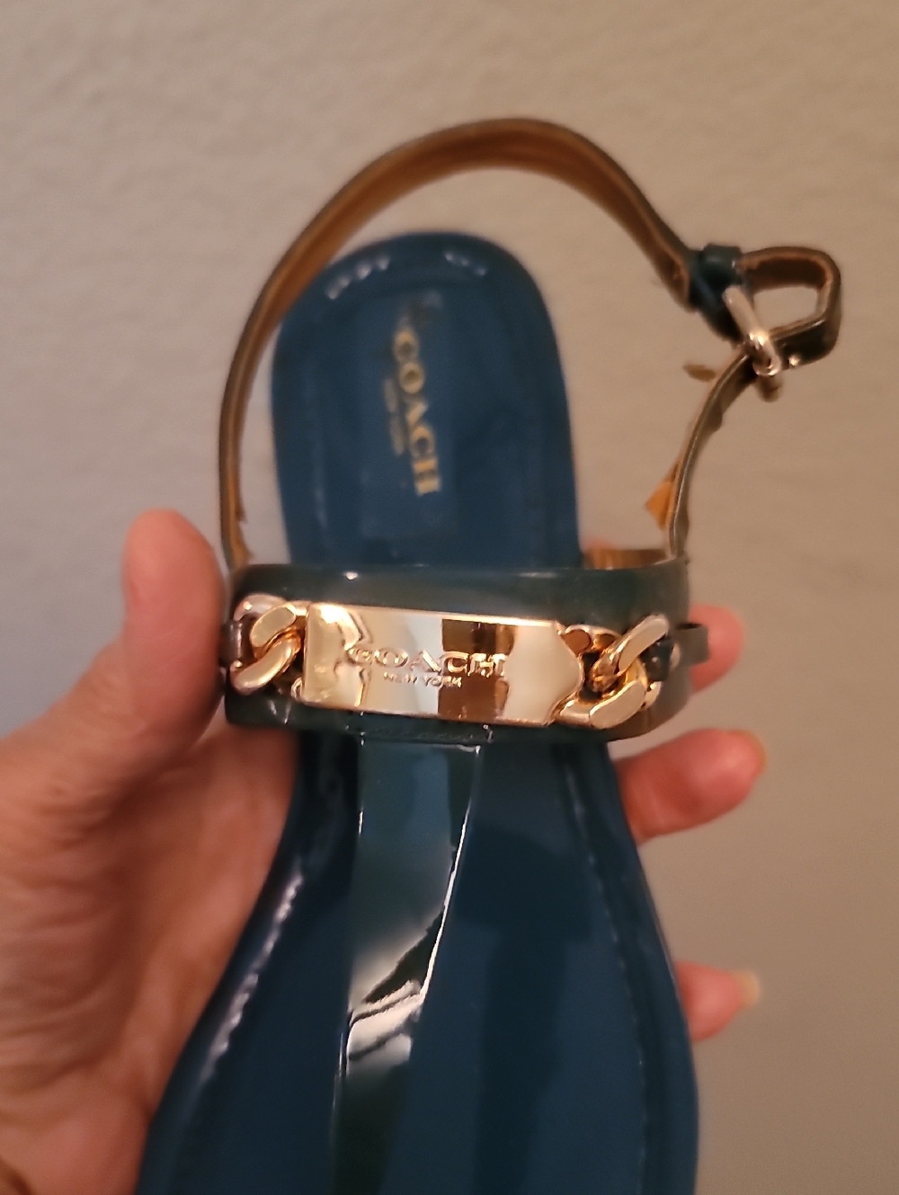Coach Blue Patent Gold LogoT-Strap Logo Sandals - Picture 4 of 4